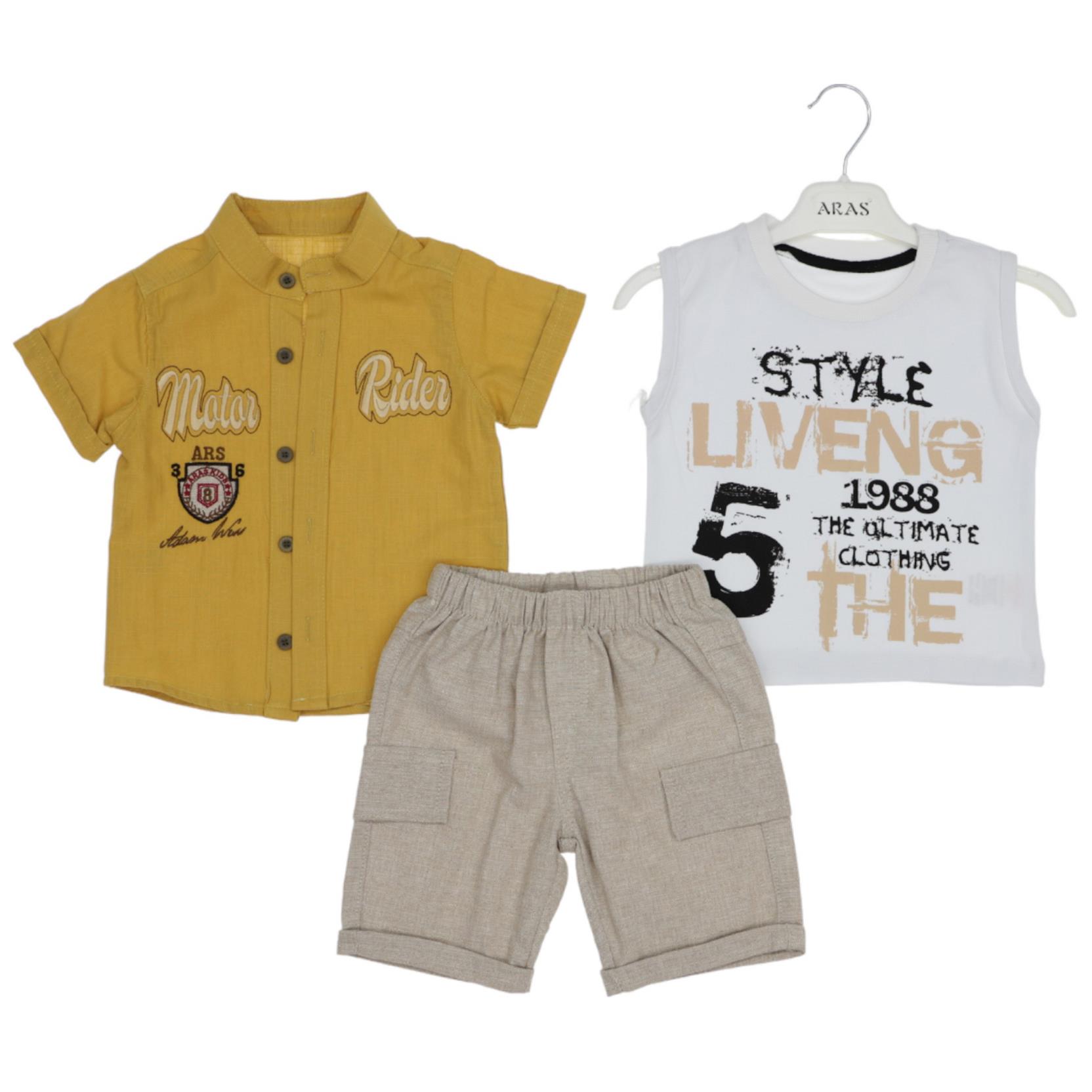 7016 wholesale children's summer three-piece suits, shirts+T-shirts+shorts for babies for 9/24 months